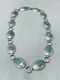 Cute Vintage Native American Navajo Carico Lake Turquoise Sterling Silver Concho Choker Necklace-Nativo Arts