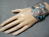 One Of The Most Detailed Native American Zuni Turquoise Sterling Silver Inlay Bracelet-Nativo Arts