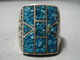 Exquisite Vintage Native American Navajo Turquoise Chip Inlay Sterling Silver Ring Old-Nativo Arts