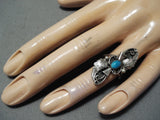 Amazing Vintage Native American Navajo Blue Gem Turquoise Sterling Silver Leaf Ring Old-Nativo Arts