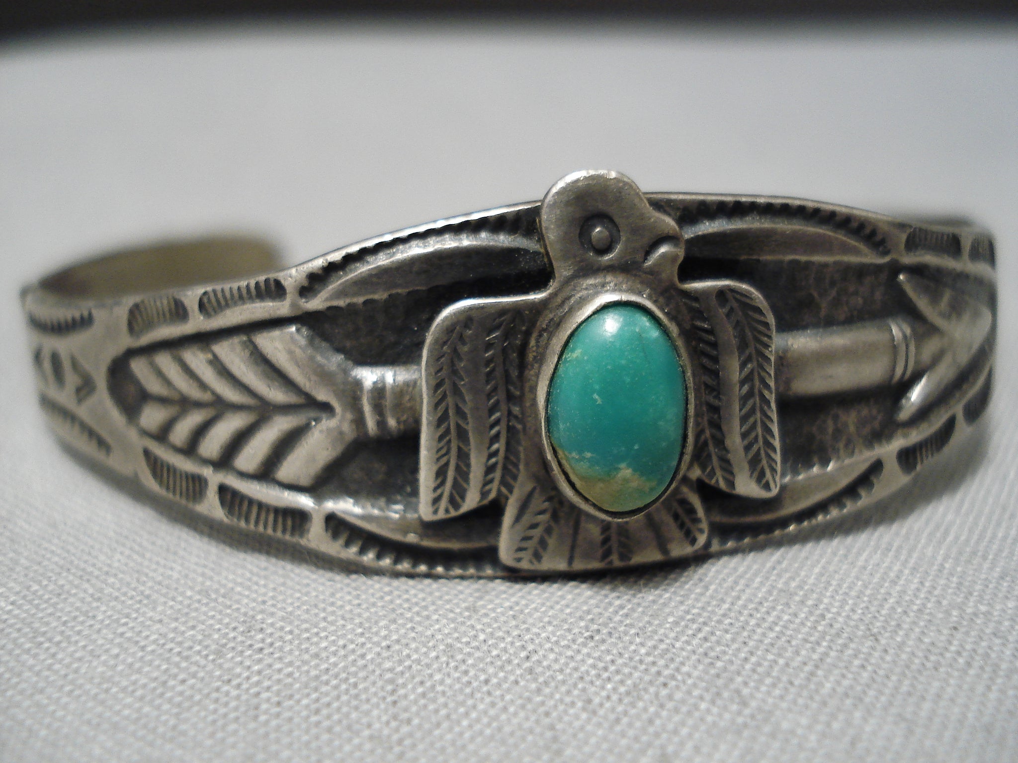 VTG Sterling Silver fashion Navajo Thunderbird Turquoise Cuff Bracelet