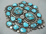Massive Vintage Navajo Native American Old Kingman Turquoise Sterling Silver Pin-Nativo Arts
