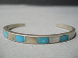 Thick Vintage Native American Zuni Navajo Turquoise Inlaid Sterling Silver Bracelet Old-Nativo Arts