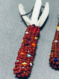 Native American Intricate Hand Woven Beads Southwestern Red Sterling Silver Earrings-Nativo Arts
