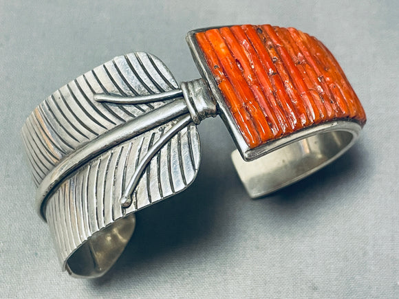 Important Vintage Native American Navajo Coral Inlay Sterling Silver Feather Bracelet-Nativo Arts