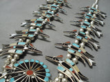 Important Vintage Native American Zuni Squash Blossom Sterling Silver Turquoise Inlay Necklace-Nativo Arts