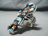 Spectacular Native American Navajo Inlay Turquoise Coral Jet Sterling Silver Rainbow Man Ring-Nativo Arts