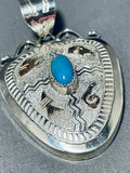 Dazzling Native American Navajo Signed Kingman Turquoise 12kgf Bear Sterling Silver Pendant-Nativo Arts