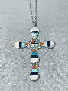 Exceptional Vintage Native American Zuni Turquoise Sterling Silver Sunface Cross Necklace-Nativo Arts