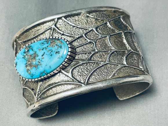 Heavy 74 Gram Spiderweb Turquoise Vintage Native American Navajo Sterling Silver Bracelet-Nativo Arts