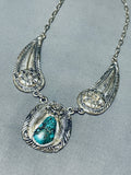 Heavy Southwestern Vintage Turquoise Sterling Silver Leaf Necklace-Nativo Arts