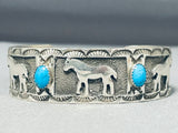 Superior Native American Navajo Kingman Turquoise Sterling Silver Bracelet Horses-Nativo Arts