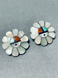 Fabulous Vintage Native American Zuni Inlay Turquoise Coral Sunface Sterling Silver Earrings-Nativo Arts