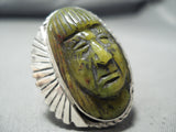 Native American One Of The Most Detailed Hand Carved Jade Inidan Head Sterling Silver Ring-Nativo Arts