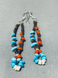 Wonderful Native American Navajo Turquoise & Coral Sterling Silver Earrings-Nativo Arts