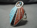 Very Important Native American Zuni Inlay Turquoise Coral Sterling Silver Don Dewa Ring-Nativo Arts