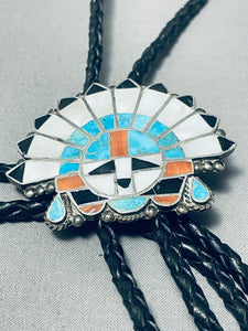 Important Older Vintage Native American Zuni Turquoise Sunface Sterling Silver Inlay Bolo Tie-Nativo Arts