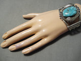 Museum Vintage Native American Navajo Carico Lake Turquoise Sterling Silver Leaf Bracelet Old-Nativo Arts