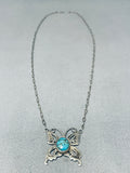 Precious Vintage Native American Zuni Blue Gem Turquoise Sterling Silver Butterfly Necklace-Nativo Arts