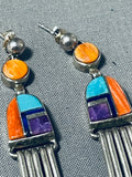 Important Cal Begay Vintage Native American Navajo Turquoise Inlay Sterling Silver Earrings-Nativo Arts