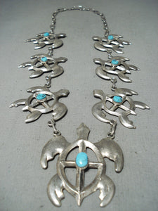 Unique Betsoi Signed Turtle Native American Navajo Turquoise 7 Sterling Silver Turtles Necklace-Nativo Arts