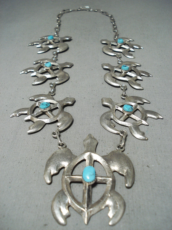 Unique Betsoi Signed Turtle Native American Navajo Turquoise 7 Sterling Silver Turtles Necklace-Nativo Arts