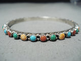 Signed Native American Navajo Turquoise Coral Sterling Silver Bangle Bracelet-Nativo Arts
