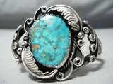 So Vivid!! Vintage Native American Navajo Royston Turquoise Sterling Silver Leaf Bracelet Old-Nativo Arts