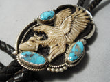 Detailed Vintage Native American Navajo Heavier Turquoise Sterling Silver Eagle Bolo Tie-Nativo Arts