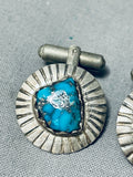 Best Vintage Native American Navajo Blue Thunder (rare) Turquoise Sterling Silver Cufflinks-Nativo Arts