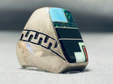 Heavy Chunky Men's Vintage Native American Navajo Turquoise Inlay Sterling Silver Ring-Nativo Arts