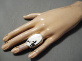Spectacular Vintage Native American Navajo White Buffalo Turquoise Sterling Silver Ring-Nativo Arts
