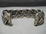 Intricate Hand Woven Vintage Native American Navajo Sterling Silver Rug Bracelet Old-Nativo Arts