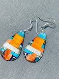 Native American Intricate Sanrto Domingo Turquoise Inlay Shell Sterling Silver Earrings-Nativo Arts