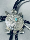 Important Native American Navajo Signed Turquoise Sterling Silver Turtle Huge Bolo-Nativo Arts
