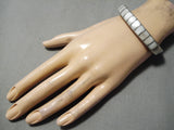 Impressive Vintage Native American Navajo Thick Pearl Sterling Silver Inlay Bracelet Old-Nativo Arts