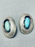 Old Beautiful Vintage Native American Navajo Hand Tooled Sterling Silver Turquoise Earrings-Nativo Arts