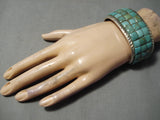 Heavy Thick Native American Navajo Green Turquoise Sterling Silver Inlay Bracelet-Nativo Arts