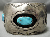 Huge Vintage Native American Navajo Hand Tooled Sterling Silver Turquoise Bracelet Old-Nativo Arts