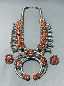 Womens Gorgeous Native American Navajo Coral Sterling Silver Squash Blossom Necklace-Nativo Arts