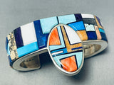 Smiling Kachina Very Rare Native American Navajo Turquoise Inlay Sterling Silver Bracelet-Nativo Arts