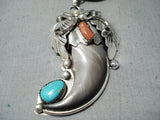 Authentc Native American Navajo Bear Turquoise Coral Sterling Silver Necklace-Nativo Arts