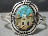 Rare!! Modern Native American Navajo Turquoise Inlay Pueblo Scene Sterling Silver Bracelet-Nativo Arts
