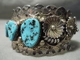 One Of The Best Vintage Native American Navajo Turquoise Sterling Silver Flower Bracelet Old-Nativo Arts