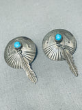 Detailed Vintage Native American Navajo Turquoise Sterling Silver Feather Earrings-Nativo Arts