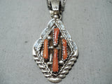 Stunning Signed Vintage Native American Navajo Coral Sterling Silver Necklace-Nativo Arts