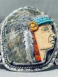 Native American One Of Most Intricate Ever Turquoise Hand Carved Chief Sterling Silver Bracelet-Nativo Arts