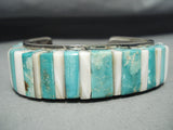 Thick Quality Vintage Native American Navajo Turquoise Riased Inlay Sterling Silver Bracelet-Nativo Arts
