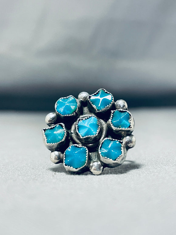 Brilliant Vintage Native American Navajo Carved Turquoise Sterling Silver Flower Ring-Nativo Arts