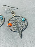 Native American Superb Navavjo Turquoise Coral Sterling Silver Dream Catcher Earrings-Nativo Arts